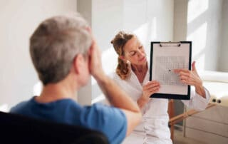 Augenärztin hält Gitter mit schwarzen Punkt vor einen Patienten der sich mit einer Hand das rechte Auge zu hält.