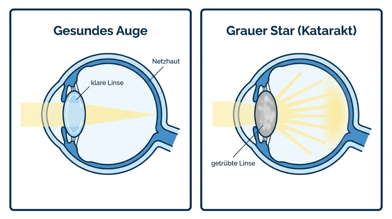 Infografik: Grauer Star (Katarakt) einfach erklärt. Verschwommenes Sehen durch die Trübung der Linse.
